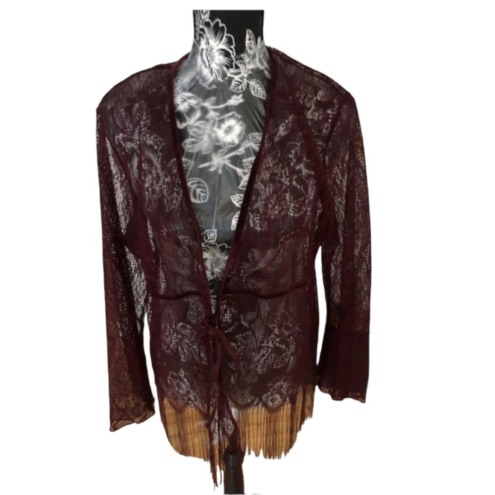 Venezia size 14 -16 wine /maroon sheer lace/crochet fringe top with front tie